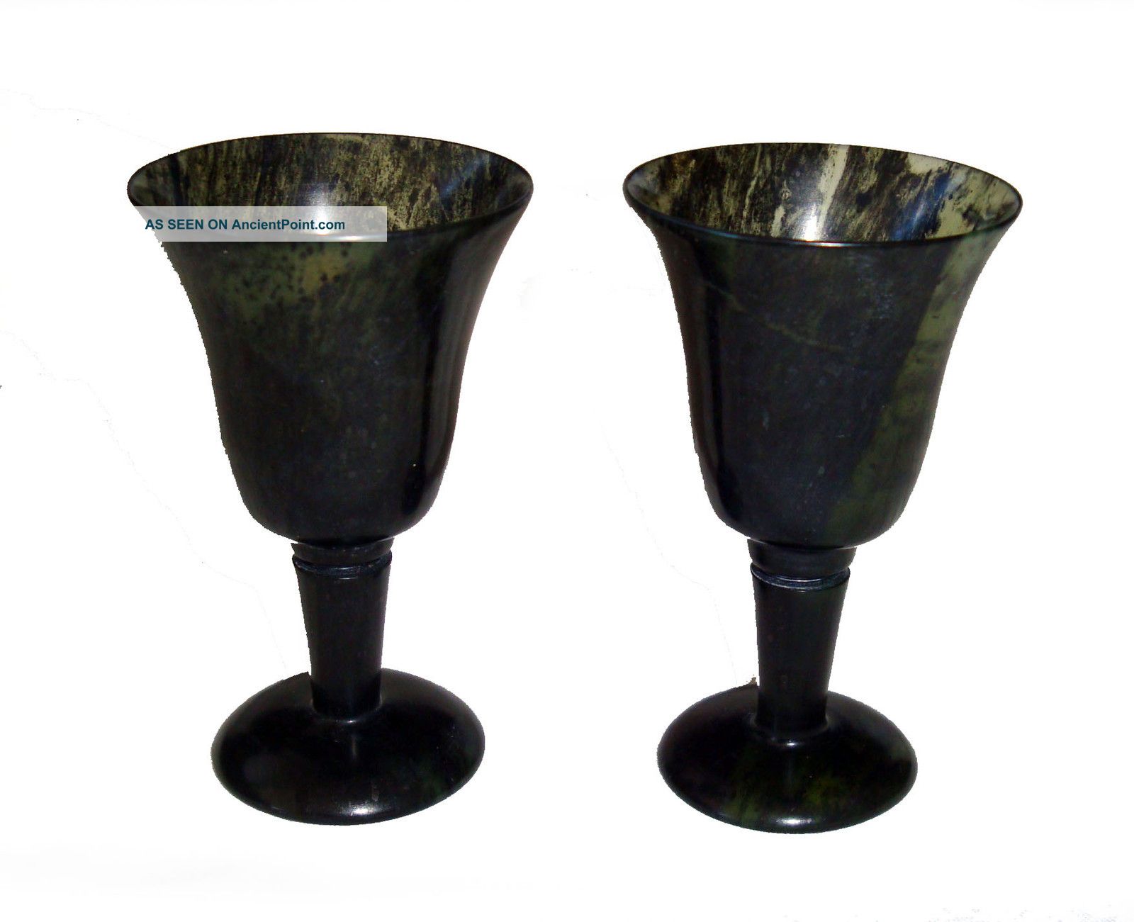 20ct Pair Chinese Dark Green/ Black Jade Carved Stemmed Cups (chot) Other photo