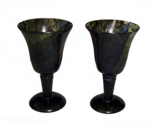 20ct Pair Chinese Dark Green/ Black Jade Carved Stemmed Cups (chot) photo