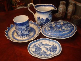 Antique Chinese Blue And White Bowl,  Pitcher,  Platter,  19th C photo