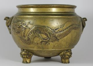 Antique Chinese Heavy Brass 3 Footed Bowl W High Relief Dragons & Bird Appliques photo