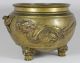 Antique Chinese Heavy Brass 3 Footed Bowl W High Relief Dragons & Bird Appliques Bowls photo 1