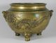 Antique Chinese Heavy Brass 3 Footed Bowl W High Relief Dragons & Bird Appliques Bowls photo 4