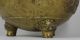 Antique Chinese Heavy Brass 3 Footed Bowl W High Relief Dragons & Bird Appliques Bowls photo 6