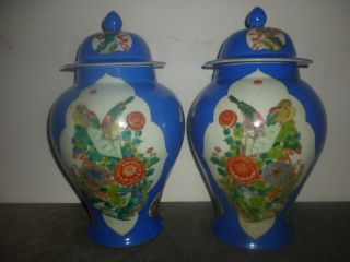 A Pair Qing Dynasty Period Chinese Famille Porcelain Flowers And Bird Blue Vase photo