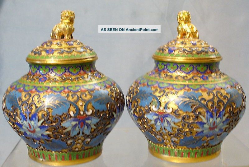 Vtg Pair Champleve Cloisonne Enamel 24k Gold Vases /urns Foo Dogs Temple Lions Vases photo