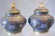 Vtg Pair Champleve Cloisonne Enamel 24k Gold Vases /urns Foo Dogs Temple Lions Vases photo 2