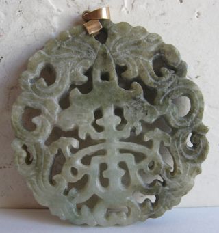 Fine Old Chinese 14k Gold Carved Green Jade Necklace Pendant China photo