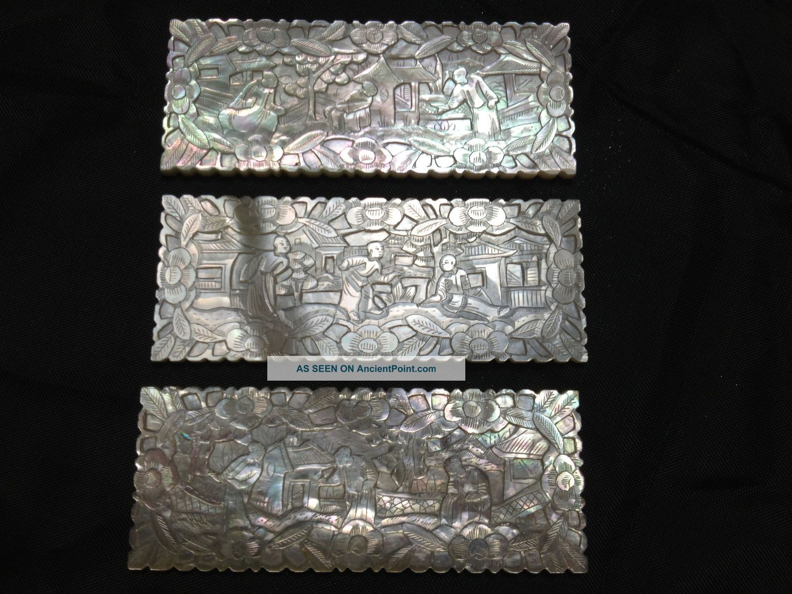 Three Rectangular Antique Chinese Export Finely Engraved Mop Gaming Counters Other photo