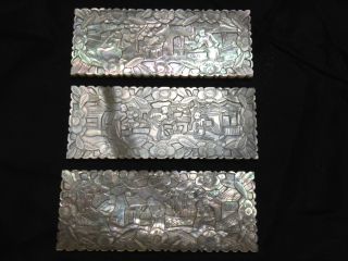 Three Rectangular Antique Chinese Export Finely Engraved Mop Gaming Counters photo