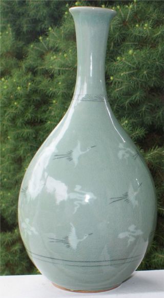 Vintage Asian Oriental Celadon Green Large Vase Signed Birds In Flight photo