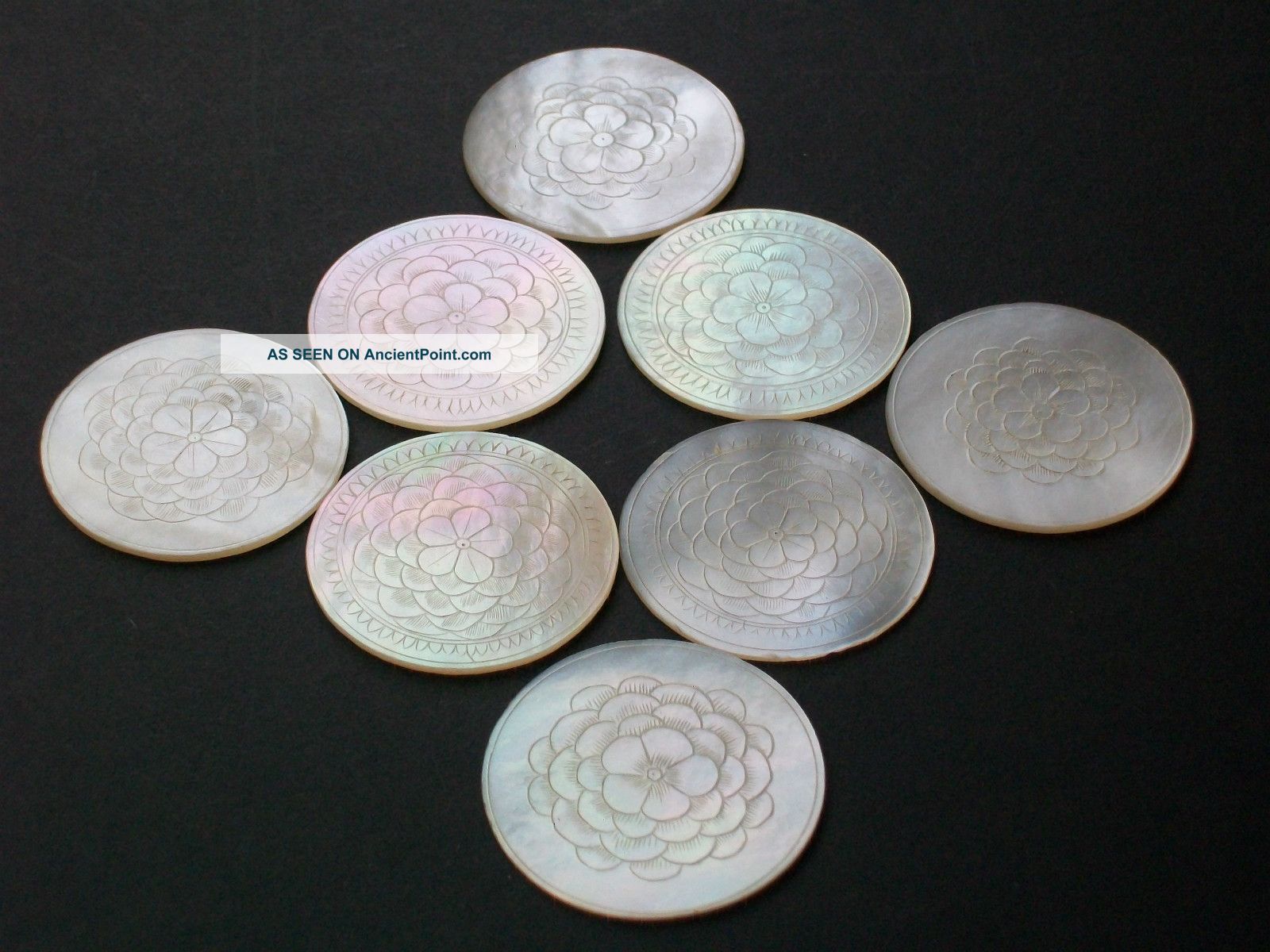 8 Antique Chinese Hand Carved Mother Of Pearl Lotus Flower Gaming Chips Other photo