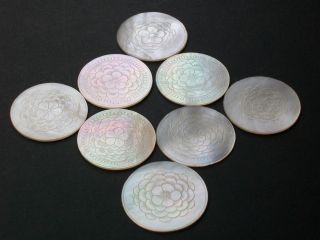 8 Antique Chinese Hand Carved Mother Of Pearl Lotus Flower Gaming Chips photo