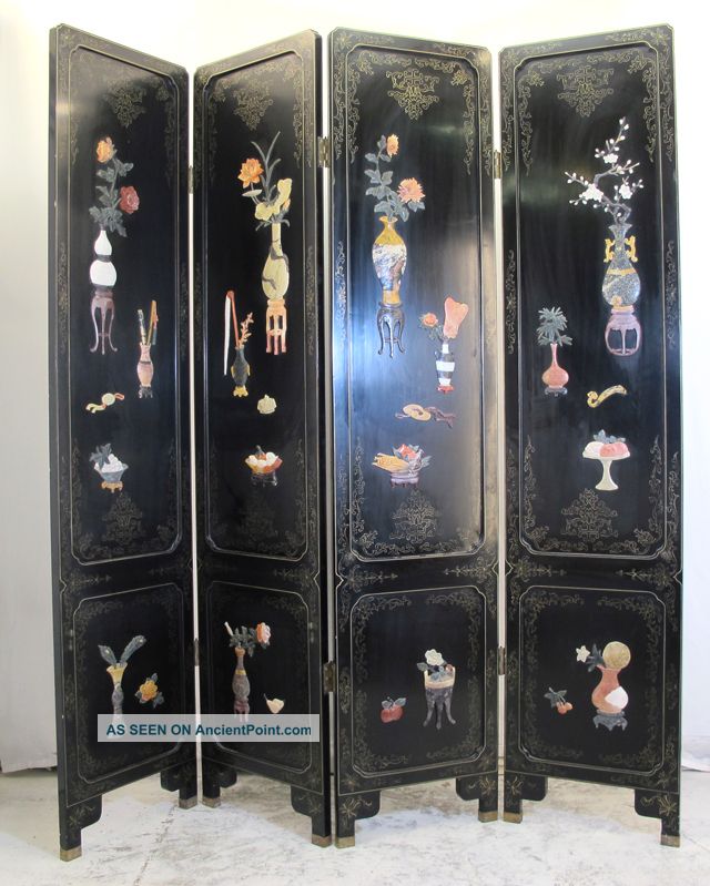 Chinese Four - Panel Wood Black Screen,  Detail&special Stone Decoration Other photo