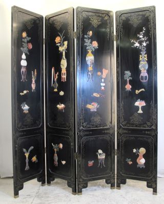 Chinese Four - Panel Wood Black Screen,  Detail&special Stone Decoration photo
