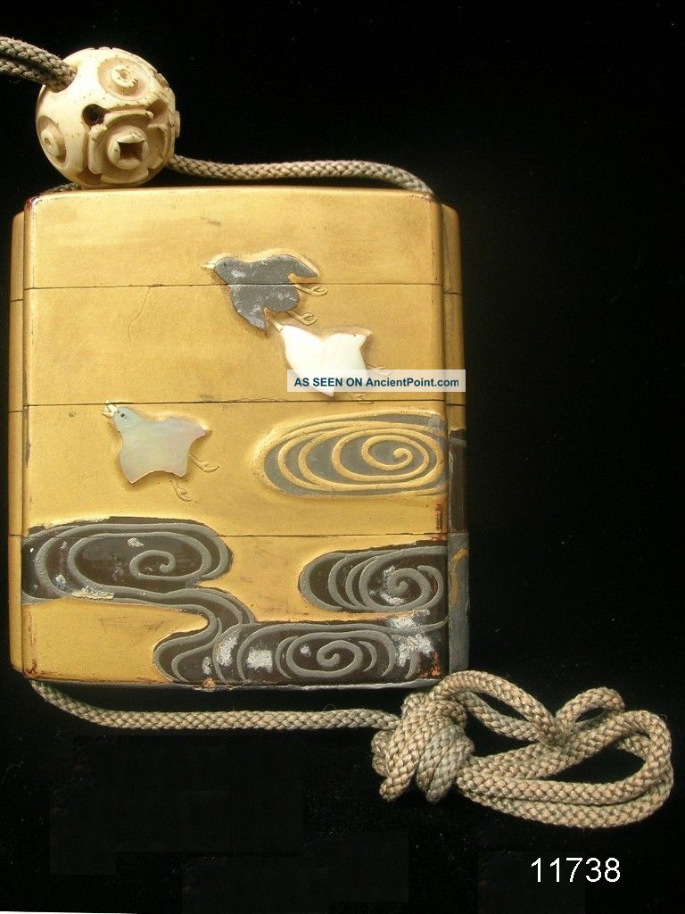19th Century Meiji Period Mop Chidori Over Waves Lacquered Wood 4 Case Inro Netsuke photo
