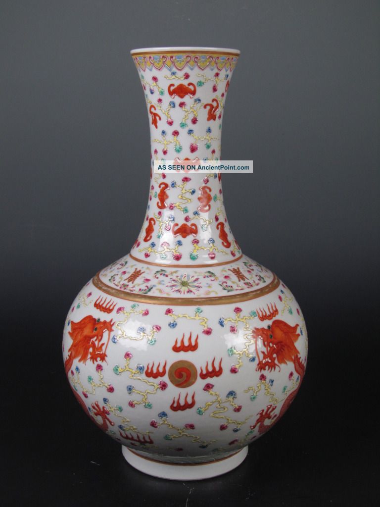Fine Chinese Rare Famille Rose Gilt Porcelain Duo Dragons Vase Vases photo