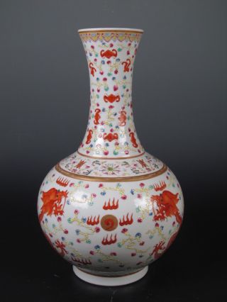 Fine Chinese Rare Famille Rose Gilt Porcelain Duo Dragons Vase photo