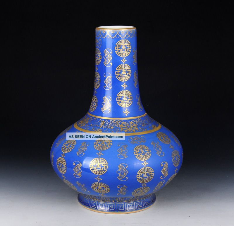 Perfect Blue Glaze Porcelain Painted Gold Vase Chinese Antique Cing Dy 19th Vases photo