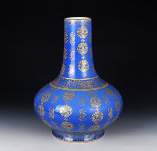 Perfect Blue Glaze Porcelain Painted Gold Vase Chinese Antique Cing Dy 19th photo