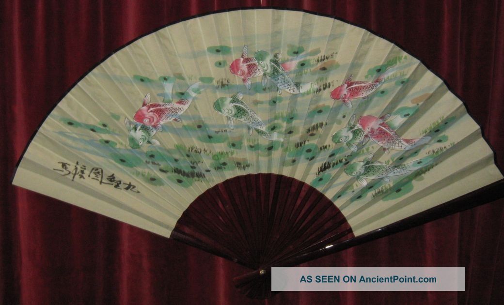 Large Hand Painted Chinese Fan - Wall Hanging - Carp/koi - Boxed Other photo
