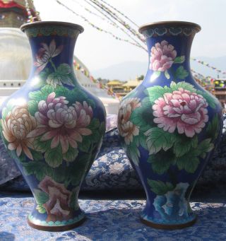 Antique Tibetan Cloisonne Enamel Pair Flower Vase Pot photo