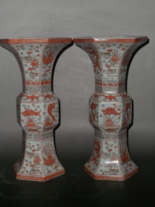 Pair Rare Chinese Red Color Porcelain Vase With Dragon Fish Grass photo