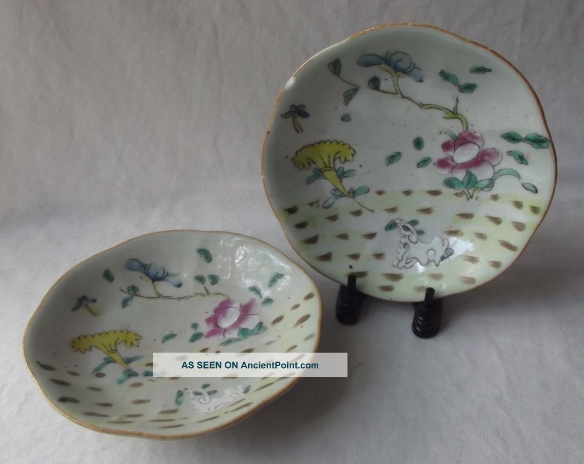 Pair Of Antique Chinese Hand Crafted & Hand Painted Rice Bowls - 1900 ' S Bowls photo