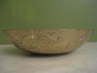 Antique Hand Engraved Brass Bowl Dragons Pearl Chinese Characters Marked China photo