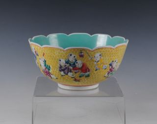 Rare Yellow Glaze Famille Rose Porcelain Bowl With Play Boys Of Chinese Antique photo