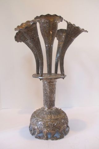 19th Century Oriental Hand Made Silver Large Center Piece Or Flower Vase. photo