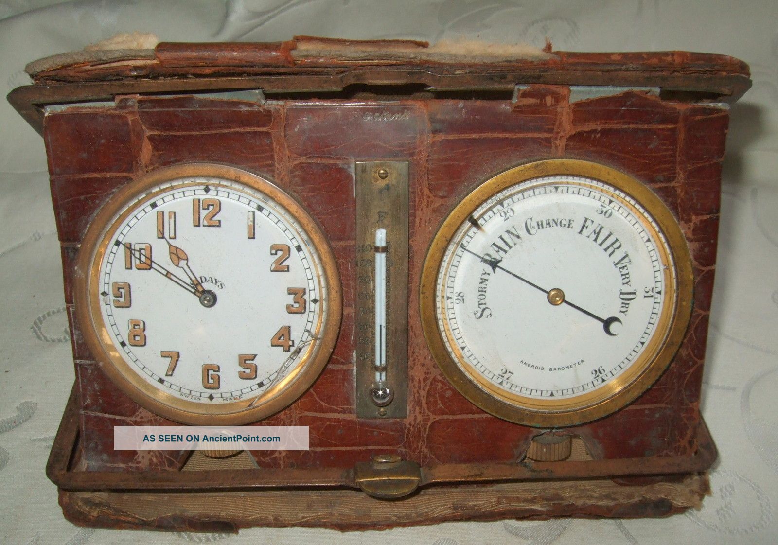 Antique Brevette Swiss 8 Days Travel Clock And Aneroid Barometer With Skin Case Other photo