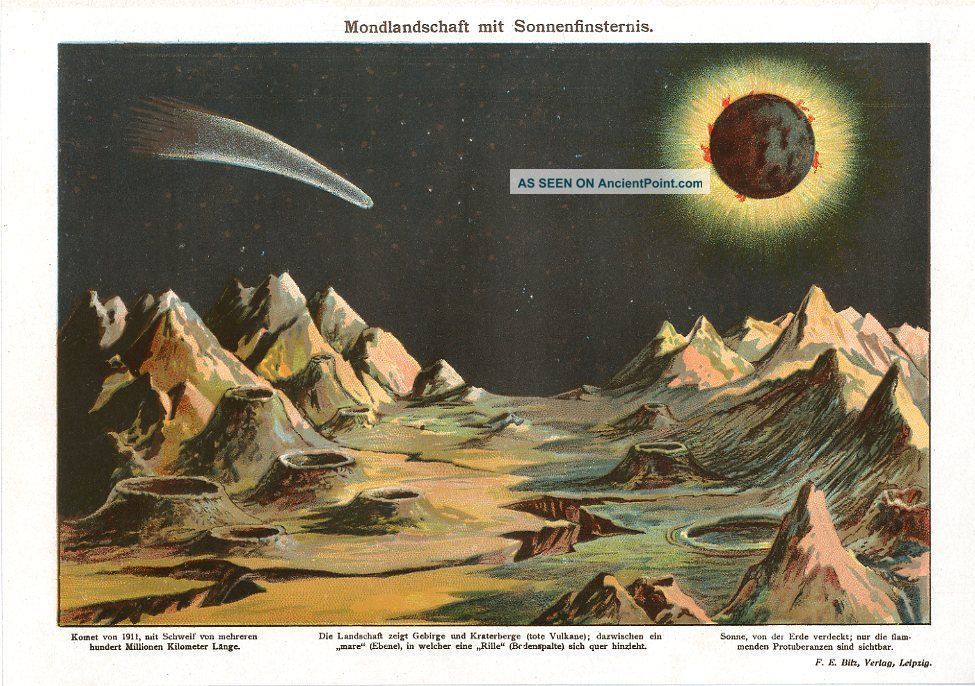 C1900 Moon Landscape Solar Eclipse Antique Lithograph Print F.  E.  Bilz Other photo