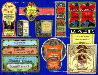 24 Antique Fancy Medicine Beauty Cosmetic Bottles Label photo