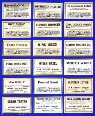 18 Antique ~ Sievert Drug Store Davenport Iowa ~ Pharmacy Medicine Bottle Labels photo