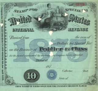 1875 $10 Cigar Alcohol Peddler 4 Irs Tax Stamp License photo