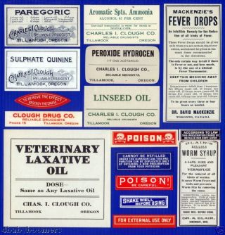 16 Old Tillamook Oregon Opium Pharmacy Narcotic & Antique Medicine Bottle Labels photo