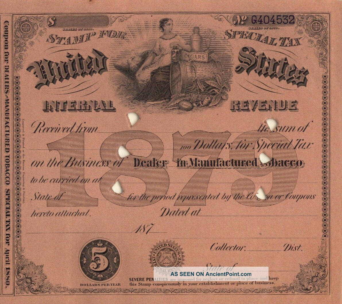 1879 $5 Tobacco Dealer History Cigar Tax Stamp Document Other photo