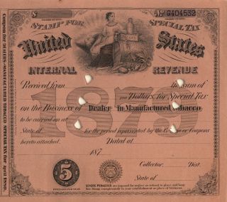 1879 $5 Tobacco Dealer History Cigar Tax Stamp Document photo