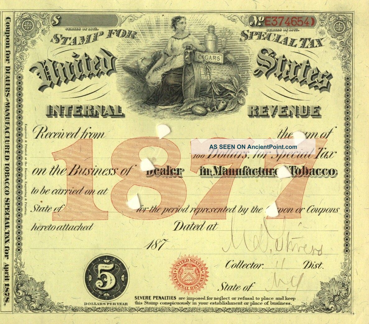 1877 New York Cigar Tobacco Dealer History Special Tax Stamp Document License 1 Other photo