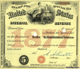 1877 ~signed~ Tobacco Dealer Tax Stamp Document License photo