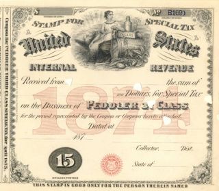 1874 $15 Peddler Sts 3 Cigar Tobacco Alcohol Tax Stamp photo