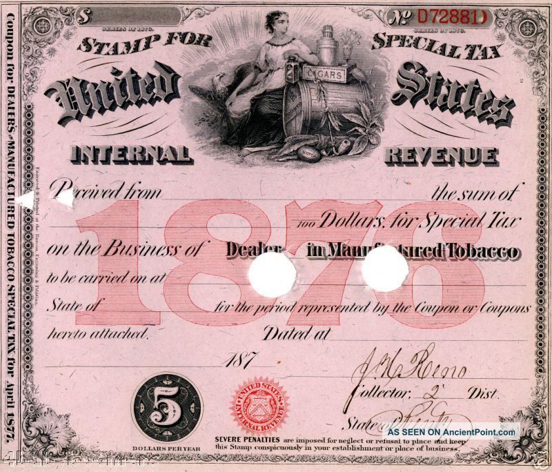 1876 Kentucky Federal Tobacco Dealer Tax Stamp License Other photo