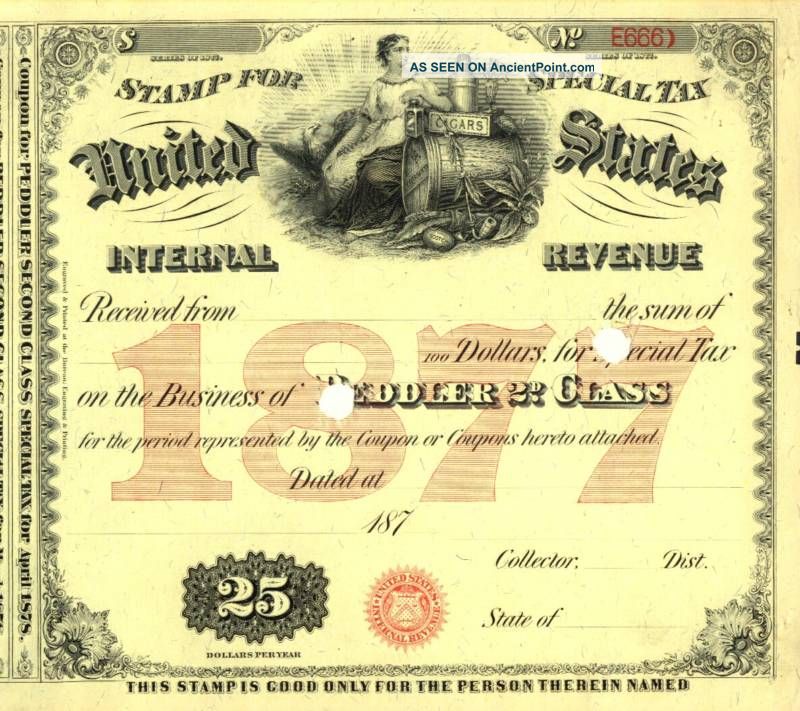1877 $25 Peddler 2nd Class Tobacco History Tax Document Other photo