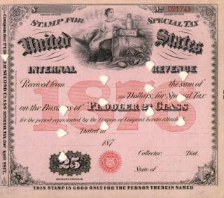1876 $25 Peddler 2nd Class Tobacco History Tax Document photo