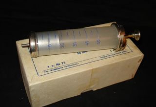 Vintage Giant Glass & Metal Syringe 50ml Box photo
