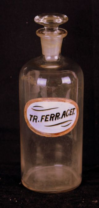 Apothecary Medicine Bottle W/ Stopper & Antique Glass Label Tr.  Ferr.  Acet.  Old photo