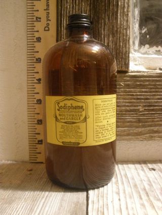 Antique Sodiphene Mouthwash And Gargle Brown Glass Medicine Bottle With Tin Lid photo