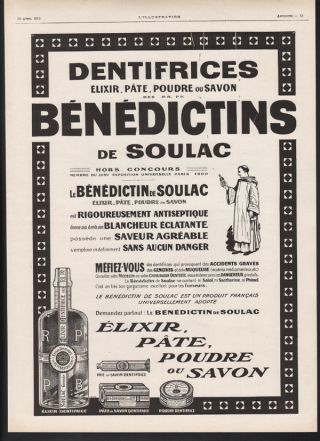 1913 Benedictins Elixir Soap Tooth Paste Dental Hygiene Bottle Monk Paris Art Ad photo