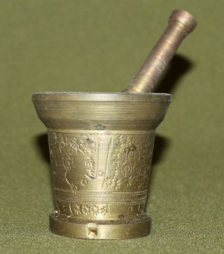 Antique European Brass Relief Small Pharmacy Mortar & Pestle photo