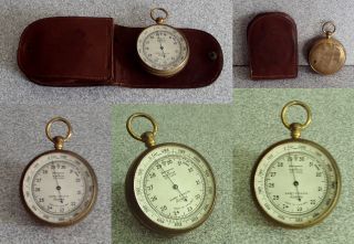 Antique London Pocket Short & Mason Aneroid Barometer Altimeter & Leather Case photo